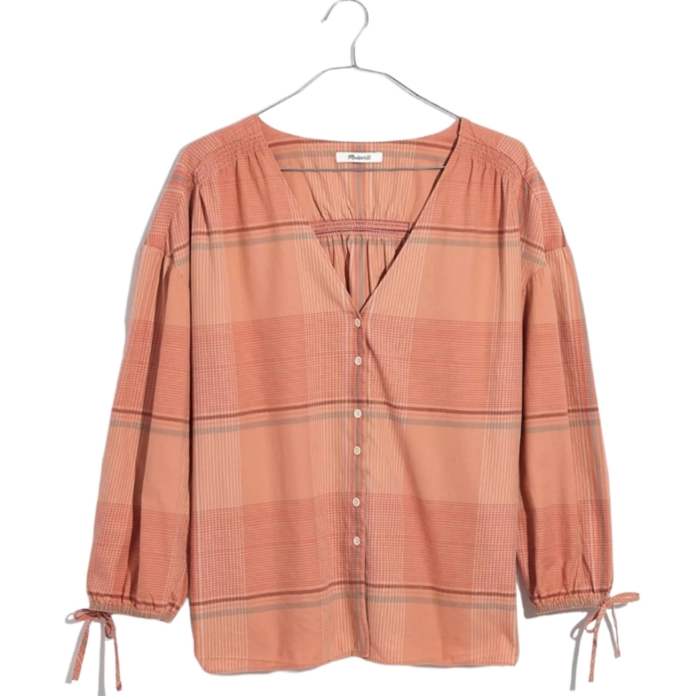 Madewell Morningview Tie-Sleeve Shirt in Peach Plaid Sz: Small